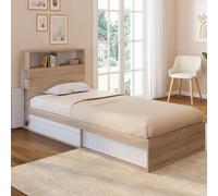 Lit simple CLEM avec rangement, tête de lit et sommier 90 x 190 cm hêtre et blanc