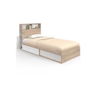 IDMarket Lit simple CLEM avec rangement, tête de lit et sommier 90 x 190 cm hêtre/blanc