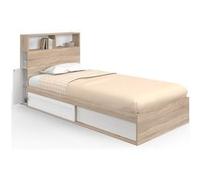 IDMarket Lit simple CLEM avec rangement, tête de lit et sommier 90 x 190 cm hêtre/blanc