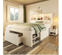 Lit Simple Combiné - 90 x 200 cm - avec Tiroir - Chevet Mobile - LED - USB Type-C - Tête de Lit Bibliothèque - Bois Blanc