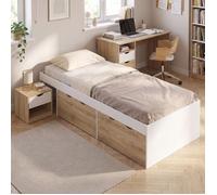 IDMarket - Lit Simple Edouard 90 x 190 cm Blanc et hêtre | Avec chevet, 2 tiroirs sur roulettes et sommier