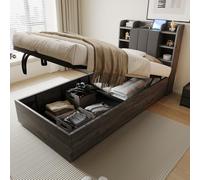 Lit Simple en Bois avec Tête de Lit Design et Rangement Intégré, Système Hydraulique à Relevage Silencieux, Équipé de Prise USB et Type-C (sans Matelas) (Natural 90x200cm)
