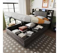 Lit Simple en Bois avec Tête de Lit Design et Rangement Intégré, Système Hydraulique à Relevage Silencieux, Équipé de Prise USB et Type-C (sans Matelas) (Gris 140x200 cm)
