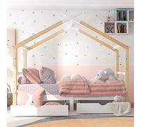 Lit simple en bois de pin massif avec deux tiroirs de rangement pour garçons et filles 190 x 90 cm Blanc et couleur naturelle