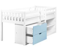 Lit Simple en Bois d'Hévéa 90 x 200 cm Mezzanine avec Lattes Rangement Tiroirs E