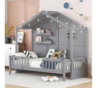 Lit simple en bois élégant avec étagères, garde-corps en forme de clôture, fenêtre et bande lumineuse étincelante sur le toit, pas besoin de sommier tapissier, 209 x 99,6 x 169,9 cm (L x l x H), blanc