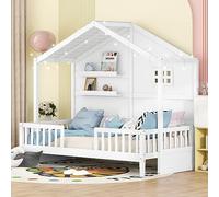 Lit simple en bois élégant avec étagères, garde-corps en forme de clôture, fenêtre et bande lumineuse étincelante sur le toit, pas besoin de sommier tapissier, 209 x 99,6 x 169,9 cm (L x l x H), blanc