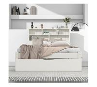 Lit Simple en Bois Massif 90x200cm avec Tiroirs IntéGréS, lit 1 personne avec TêTe de Lit BibliothèQue Pour Adolescents, Blanc