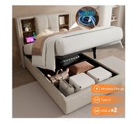 Lit simple enfant 90 x 200 cm avec espace de rangement, Lit coffre avec recharge sans fil USB C, Lin, Naturel