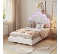 Lit simple,Lit enfant rembourré 90x200cm, cadre de lit avec LED et sommier à lattes, Lit de princesse héritière, Blanc, PU