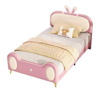 Lit Simple Lit Rembourré (90x200cm), Lit Enfant avec Lattes en Bois, Tête De Lit Lapin, Bandes LED, avec Cadre en Bois Massif Et Tube De Fer, Beige + Rose