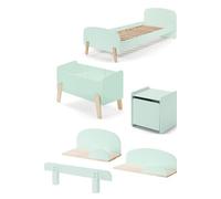 Lit simple menthe + sommier + chevet + Etagères 45cm/65cm + coffre jouets + barrière lit