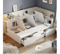 Lit simple multifonctionnel blanc pour enfant 90 x 200 cm O.Ye Grande capacité de rangement avec tiroirs et étagère Matelas non in