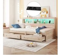 Lit simple O.Ye 90x200 cm Table de chevet avec 2 ports USB et 2 prises, 2 tiroirs et sommier à lattes, Naturel multicol LIT COMBINE
