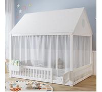 Lit simple pour enfant, 140 x 200 cm, lit en forme de cabane, avec rideaux décoratifs blancs et petits rangements, en pin, blanc