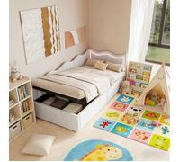Lit Simple pour Enfant 90x200, Lit Coffre 90x200 avec Sommier, Lit Capitonné avec LED, Stockage Hydraulique, Velours Bouclé, Blanc