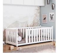 Lit simple pour enfant - Lit au sol 90×200 cm - Sommier inclus - Lit Montessori 200x90 cm - Bois massif de pin - Blanc