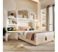 Lit simple rembourré 90 x 190 cm avec port USB-C, Lit coffre avec bibliothèque blanche, Lit enfant avec sommier à lattes, Naturelle
