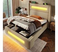 Lit simple rembourré, 90 x 200 cm, LED, espace de rangement, avec espace de rangement hydraulique et recharge USB Type-C, cadre de lit en métal avec lattes en bois, beige, lin, sans matelas
