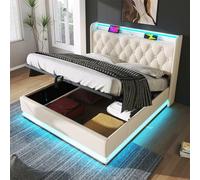 Lit Simple Rembourré Avec éclairage LED à 360°, Bouton-Poussoir/App/Télécommande, Lit De Rangement Hydraulique, Tête De Lit Rembourrée Avec Chargement USB Type-C (Matelas Non Inclus),90 * 200cm-White