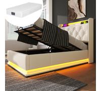 Lit simple rembourré, LDE 90 x 200 cm, blanc MatériauPolyuréthaneLit de camp hydraulique, tête de lit avec USB Type-C Avec matelas
