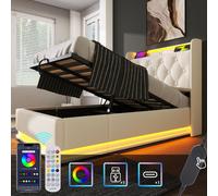 Lit simple rembourré, LDE 90 x 200 cm, blanc MatériauPolyuréthaneLit de camp hydraulique, tête de lit avec USB Type-C Sans matelas