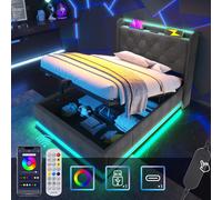 Lit simple rembourré,LDE90 x 200 cm, Matériau lin gris Lit de camp hydraulique, tête de lit avec USB Type-C Sans matelas