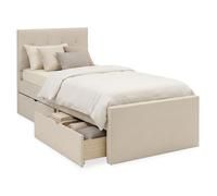 Lit 90x200 cm beige rembourré en tissu avec tête de lit sommier à lattes et 2 tiroirs de rangement