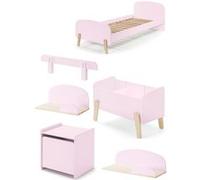 Lit simple rose + sommier + Chevet + Etagères 45cm/65cm + Coffre jouets + Barrière lit
