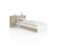 Lit simple SAVANA avec tête de lit, chevets, rangements et sommier 90 x 190 cm façon hêtre et blanc