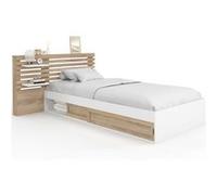 Lit simple SAVANA avec tête de lit, chevets, rangements et sommier 90 x 190 cm façon hêtre et blanc Blanc