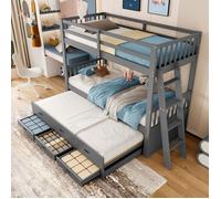 Lit Superpos 90x200cm Enfant Cabane Pin/MDF, chelle, Lit Gigogne, 3 Tiroirs - Filles/garons, Gris - Sans Matelas