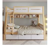 Lit Superpos Enfant 90x200+120x200 Pin/MDF Blanc/Naturel, 3 Tiroirs Roulettes, Clture 4 Faces - Sans Matelas blanc LITS SUPERPOSES