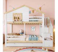 Lit superpose 3 places 90*200 cm, Lit enfant Lit triple en bois avec lit gigogne chelle de rangement et blanc + naturel