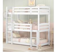 Lit superpose 3 places 90x200 cm lit triple Structure en bois Sommier à lattes, échelle et barrière de protection sans blanc#Blanc
