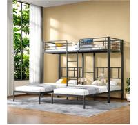 Lit superposé 3 Places, avec échelle, Garde-Corps et Petite Table, lit superposé Enfant, 3 Lits Taille 90x200, métallique, Noir