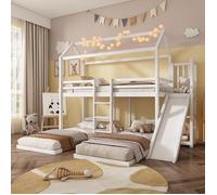 Lit Superposé 3 Places Enfant 90x200 cm, Cabane avec Toboggan, Pin Renforcé, Étagères, Échelle Sécurité, Antichute LITS SUPERPOSES
