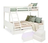 Homestyle4u Lit superposé enfant & ado en bois blanc 90x200/140x200 avec 2 tiroirs et 2 matelas