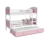 Lit Superposé 3 Places Mateo 90x190 gigogne + matelas Blanc - rose