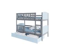 Lit Superposé 3 Places Tomy 90x190 Gris - bleu Livré avec sommiers, tiroir et matelas en mousse de 7cm
