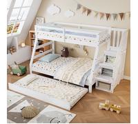 Lit superposé 90/120x200CM avec lit gigogne, lit enfant avec armoire échelle et main courante, blanc