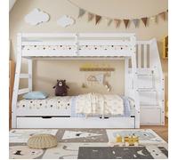 Lit superposé, 90/120x200cm, lit gigogne pour enfants avec armoire à échelle et main courante,blanc