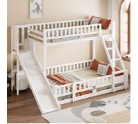 Lit superposé 90(140)x200cm avec garde-corps Bois de pin toboggan marches En747, plusieurs étagères,petite porte coulissante,blanc
