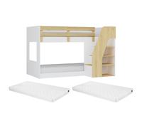 Lit superposé 90 x 190 cm - Avec rangements - Blanc et naturel + Matelas - NAROJAS