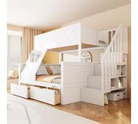 Lit superposé 90 x 200 cm avec dessous de lit 140 x 200 cm, espace de | Grand sous-lit, escalier de rangement pratique, deux tiroirs, construction solide pour frères et sœurs et familles