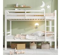 Lit superposé 90 x 200 cm, avec échelle d'angle à trois niveaux et protection anti-chute, divisé en 2 lits simples, lit adolescent, lit simple, cadre en pin, blanc