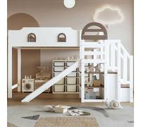 Lit superposé 90 x 200 cm, avec fenêtre, toboggan, escaliers avec main courante, avec 2 casiers dans l'escalier, design polyvalent, grand espace de rangement, pin + MDF, blanc + marron