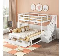 Lit superposé 90 x 200 cm avec lit gigogne, lit mezzanine avec deux tiroirs et marches de rangement, lit enfant avec sommier à lattes et protection anti-chute, cadre de lit en pin pour enfants et