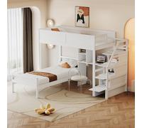 Lit superposé 90 x 200 cm, escalier de sécurité avec compartiment de rangement caché, compartiment de rangement de bureau, design 2 en 1, lit pour adolescent, sommier à lattes, lit en pin, blanc