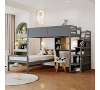 Lit superposé 90 x 200 cm, escalier de sécurité avec compartiment de rangement caché, compartiment de rangement de bureau, design 2 en 1, lit pour adolescent, sommier à lattes, lit en pin, gris